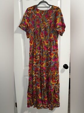 Floral Print Midi Dress - Pink, Orange & Yellow size xl